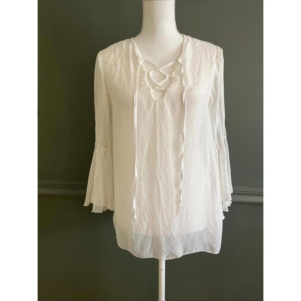 VTG Italy Silk White S Lace-Up Bell Sleeve Peasant Blouse Cottagecore Fairycore